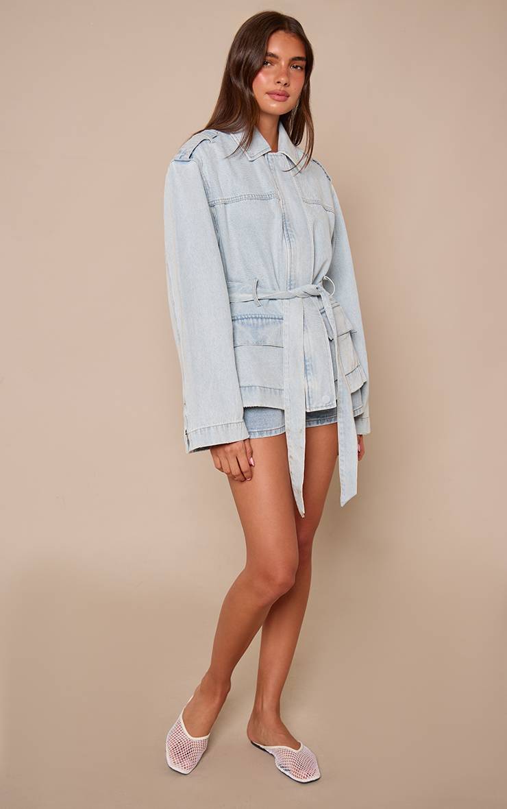 Bleu Clair Surchemise En Denim À Taille Ceinturée