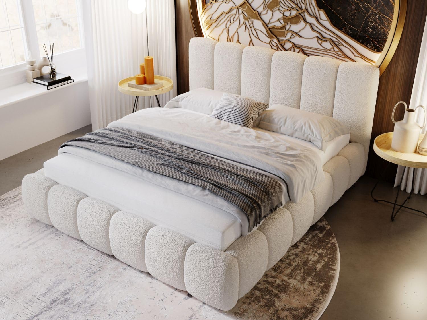 GRAINGOLD Cloud Bett 160x200, Polsterbett mit Bettkasten, Polsterbett mit Stauraum, Bouclé-Stoff, mit Lattenrost, mit Kopfteil, ohne Matratze (Beige, 160x200)