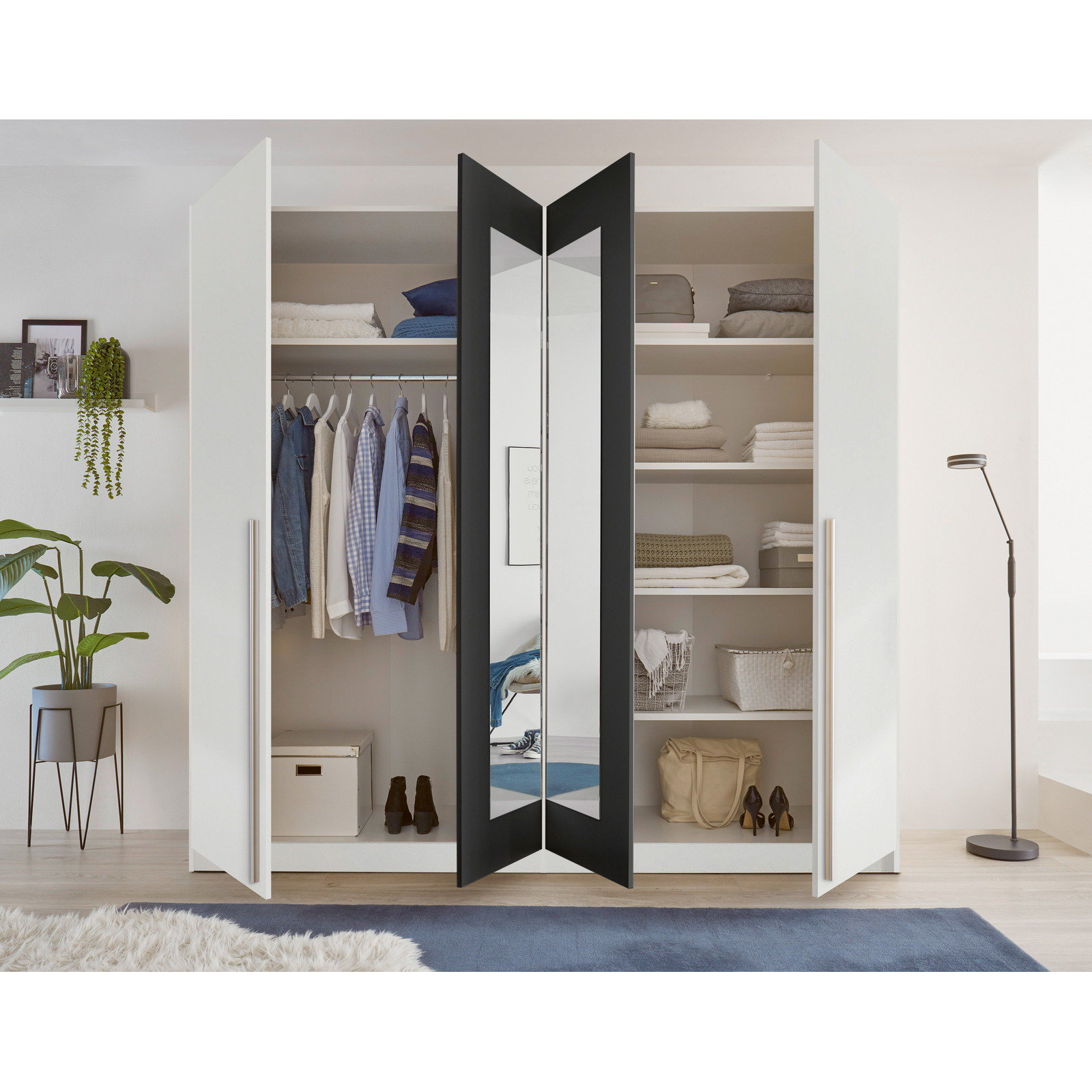 Drehtürenschrank Cano Melamin Dekor 228 x 213 x 62 cm, mit Spiegel weiss/graphit