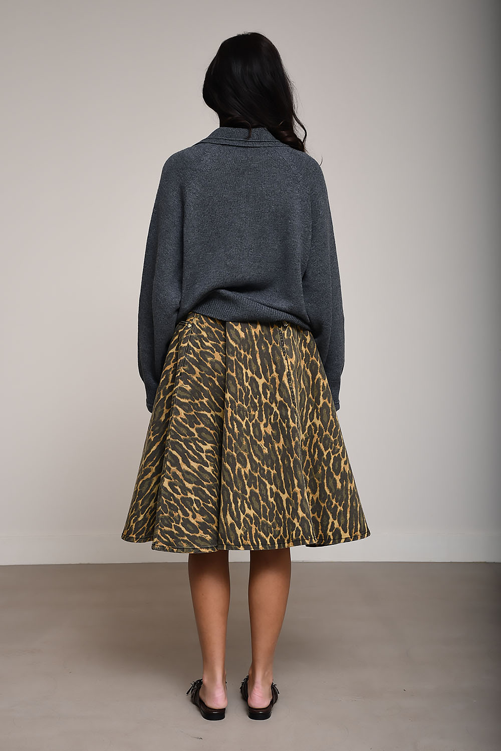 Leopard denim wrap midi skirt