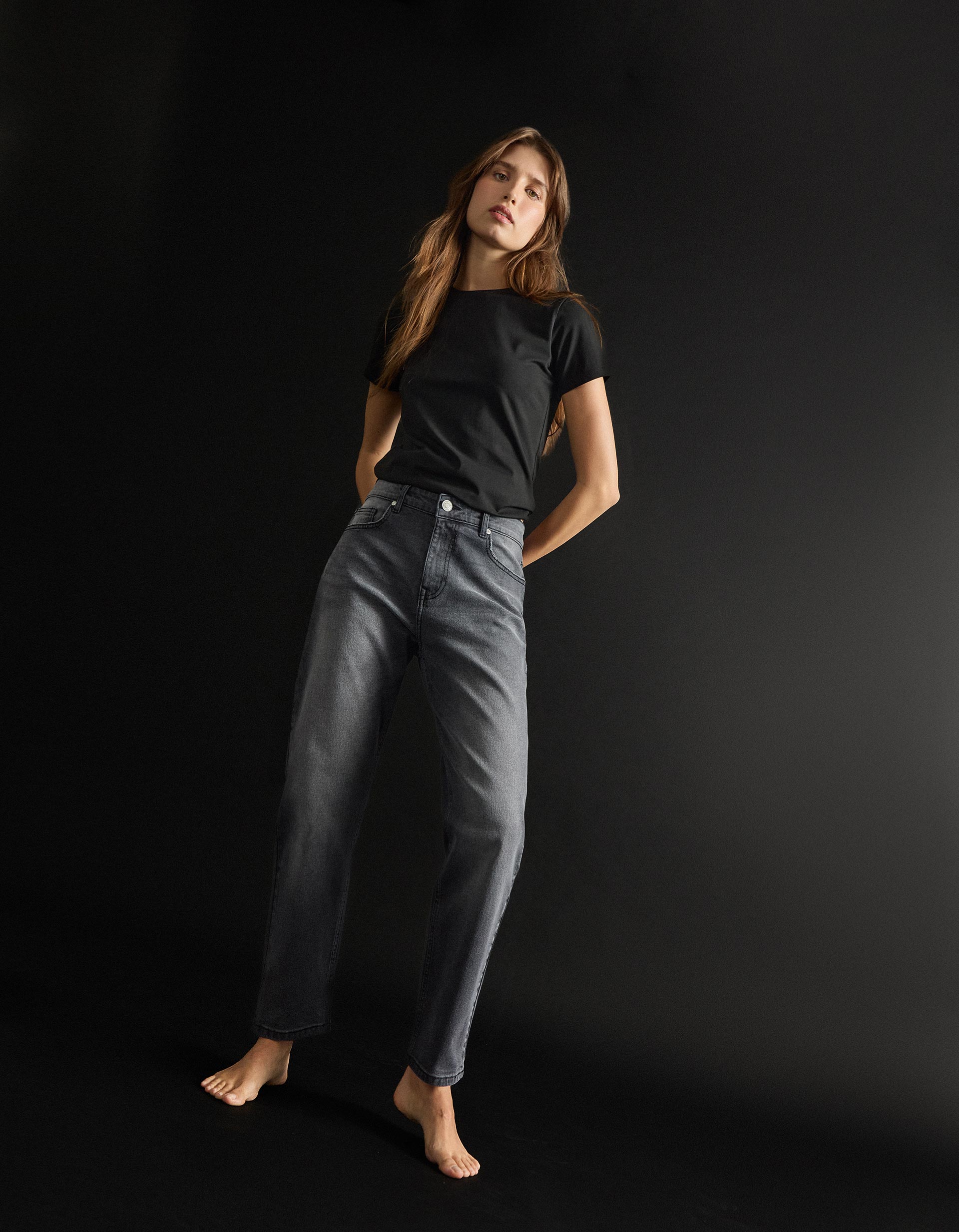 Calças de Ganga 'Tapered Mom Fit', Mulher, Cinzento Claro