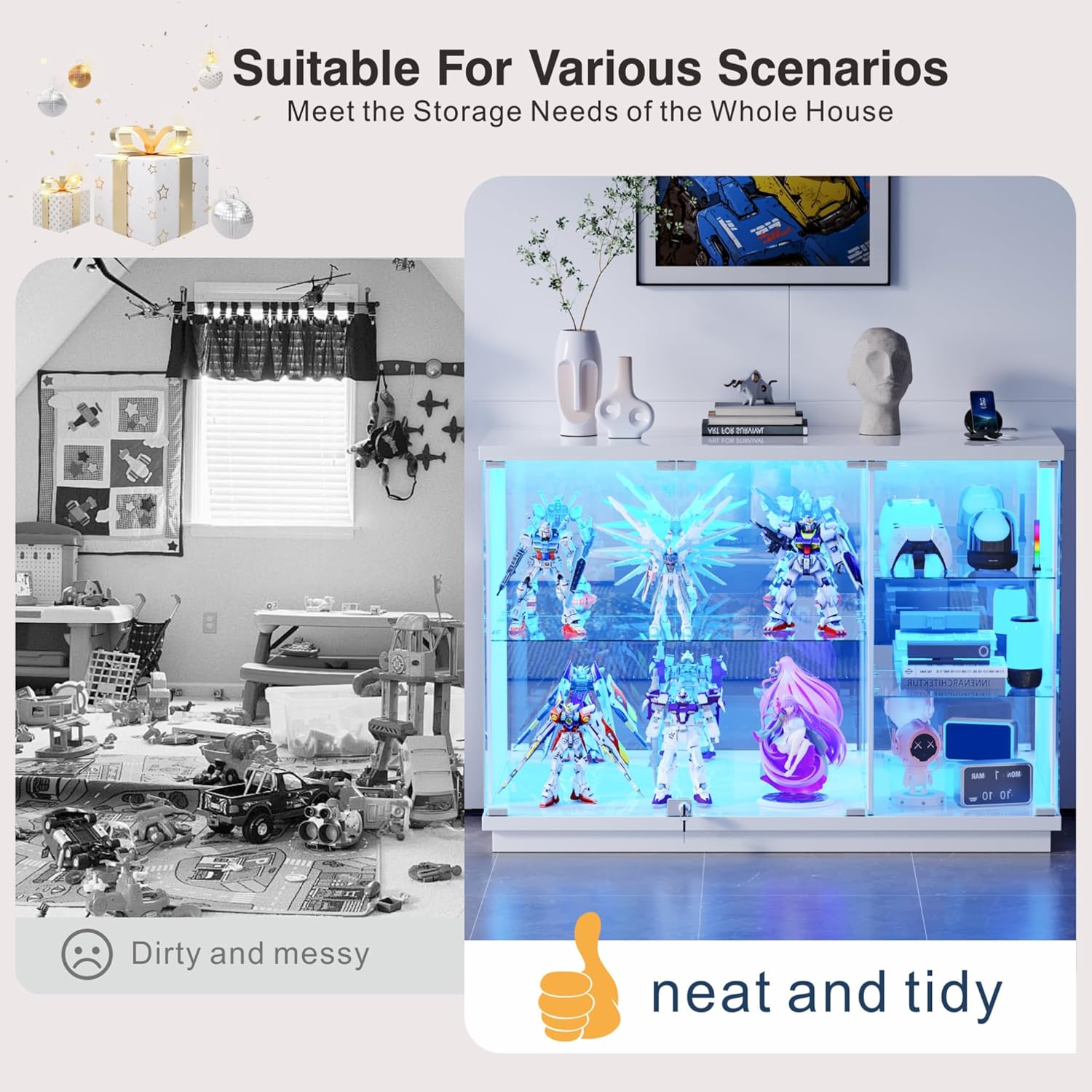Lvifur Glasvitrine LED Beleuchtung und Glastüren,Glas Vitrinenschrank,Display Cabinet mit Intelligente Sensorik,3-Lagen Holz Vitrine Staubdicht für Wohnzimmer Schlafzimmer Büro,Schwarz