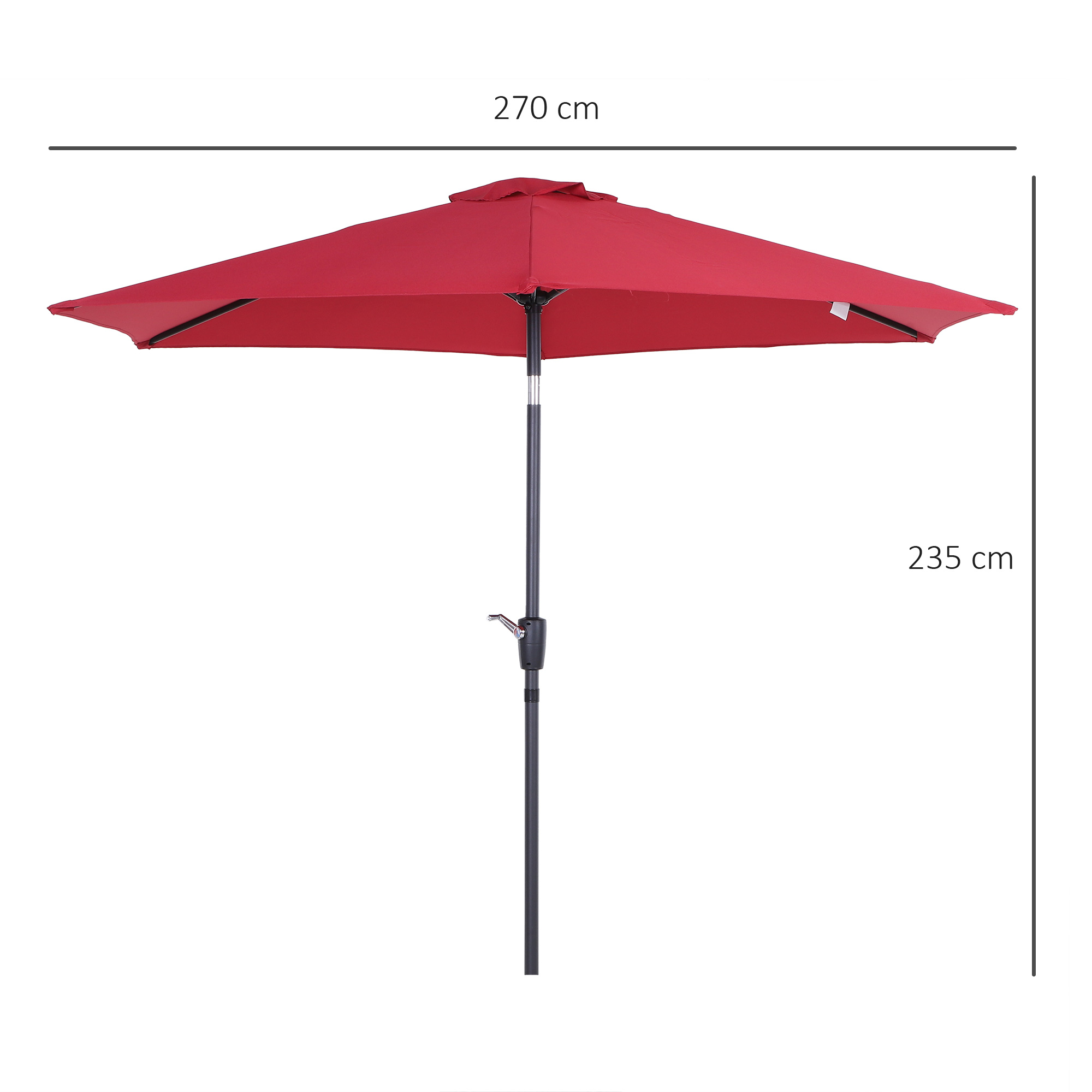 Guarda-sol de jardim Outsunny Ø260x235 cm em alumínio com cabo reclinável, manivela e 6 varetas para terraço e varanda, vermelho