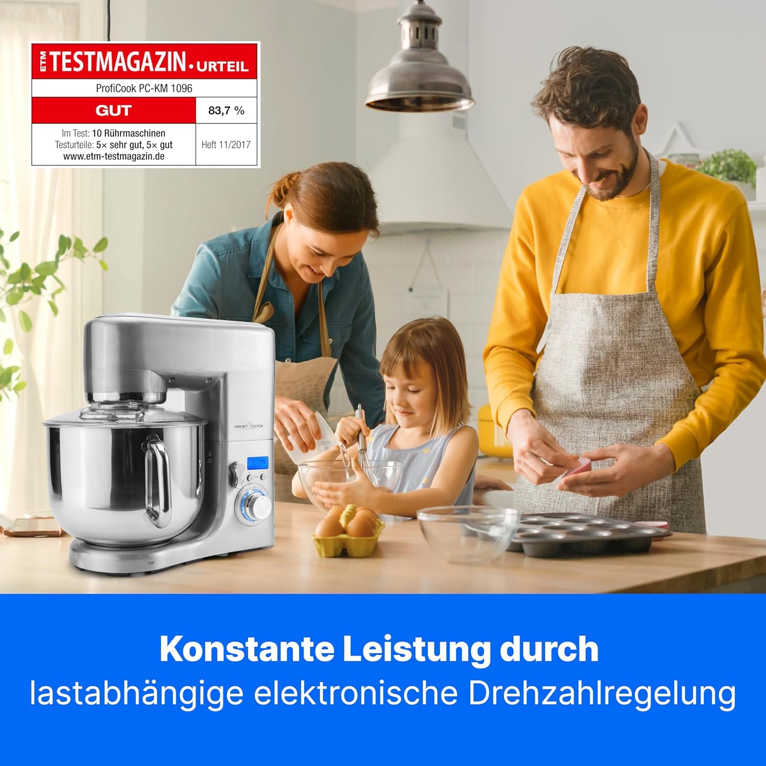 ProfiCook® Küchenmaschine mit XXXL-Edelstahlschüssel | Rühgerät 10L mit 1500W Motor | Knetmaschine inkl. Haken & Schneebesen | Teigknetmaschine Spritzschutz mit Nachfüllöffnung | PC-KM 1096