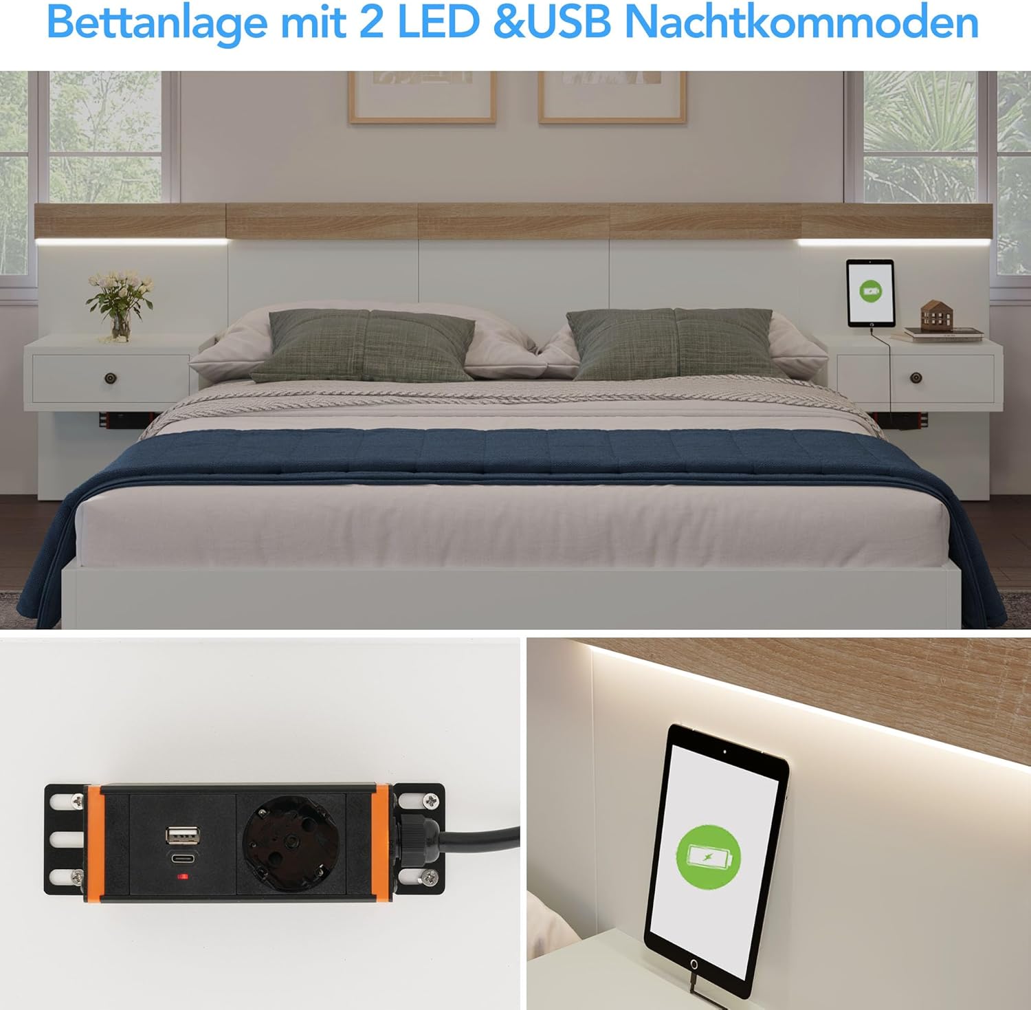 Doppelbett 180x200 cm, integriertes Kopfteil mit 2 LED Nachtkommoden und USB Ladefunktion, Holzbett Bettanlage mit Lattenrost, Funktionsbetten Rückenlehne Bettgestell, Ohne Matratze, Weiß+Eiche SF6772142