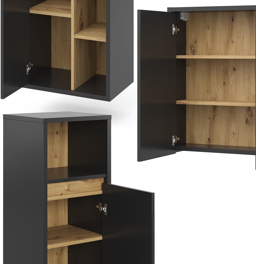 Vicco Badmöbel-Set Anthrazit Viola, bestehend aus Badspiegelschrank, Waschbeckenunterschrank, Midischrank, Hochschrank - Mehr Stauraum ohne Bodenfläche zu nutzen