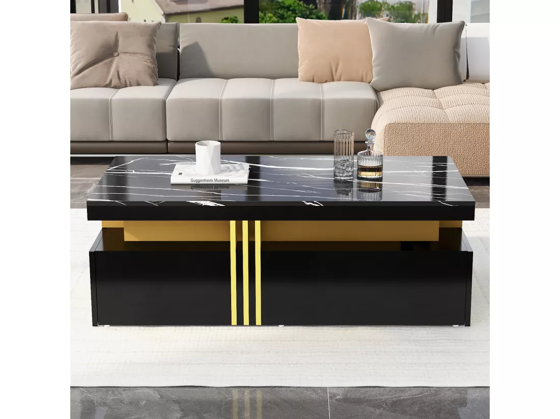 Table basse avec 2 tiroirs - planche à motifs marbre - style scandinave - Noir