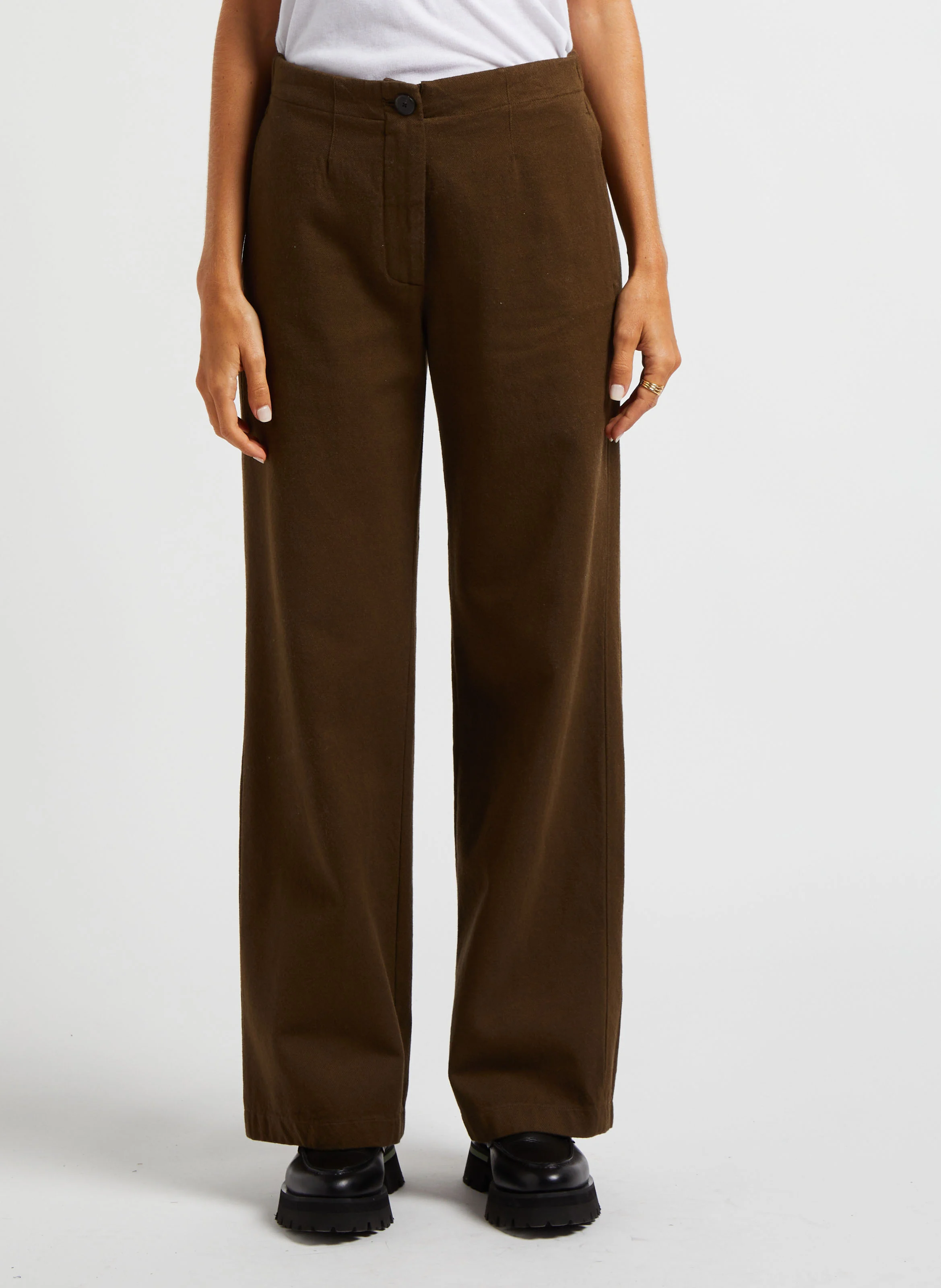 Pantalon large en laine et coton| Vert