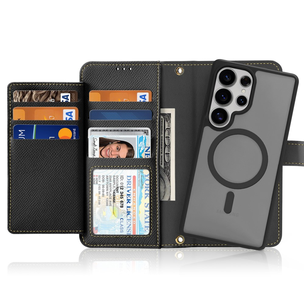 Samsung Galaxy S25 Ultra Leder Tasche mit Kartenfächer   Münzfach   Magnetische Schutzhülle - Schwarz