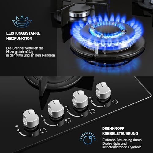 TopStrong Plaque de Cuisson Gaz 4 Feux, 60cm Plaque Gaz 4 Feux avec Sécurité Thermocouple, Cuisinière Encastrable, Naturel/Propane, 8060W, 220 240 V, Verre Noir : Gros électroménager