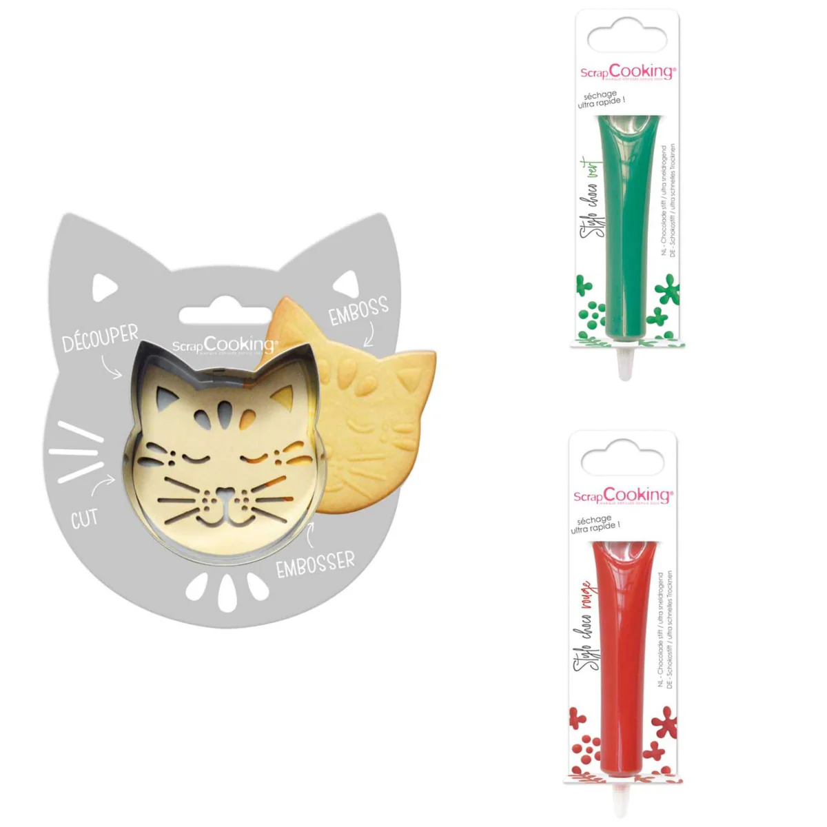 Kit pour biscuit en relief Chat + 2 Stylos au chocolat vert et rouge S