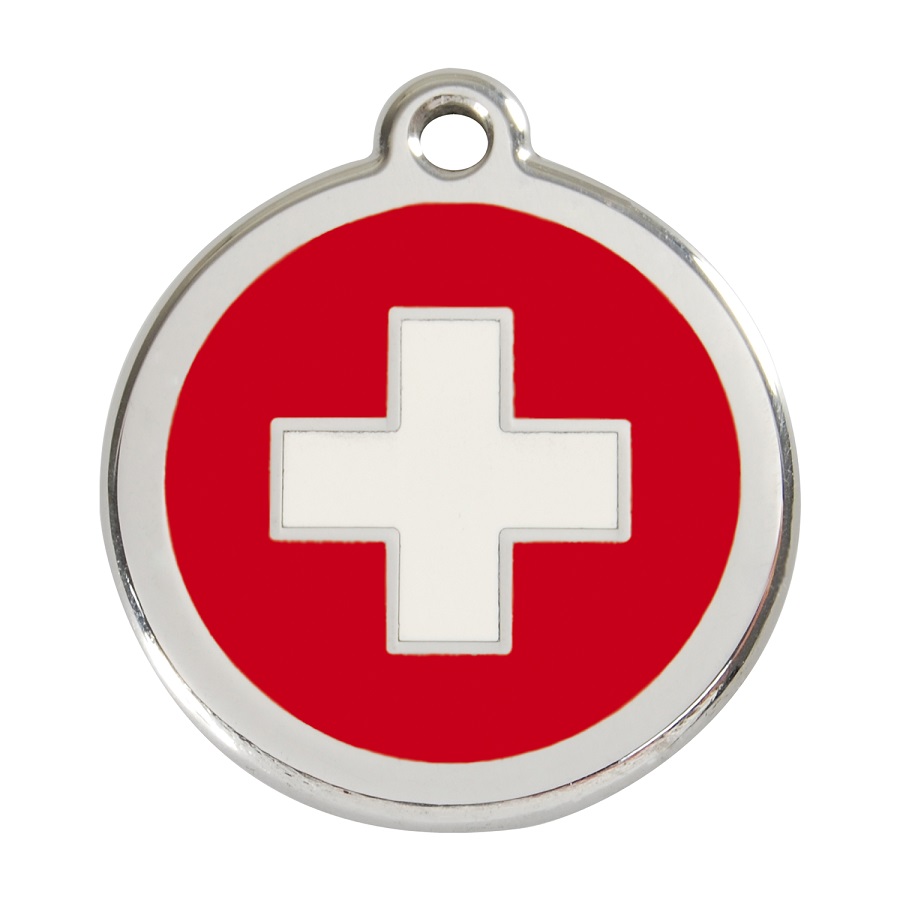 Placa de identificação para cães em aço inoxidável esmaltado com cruz suíça vermelha