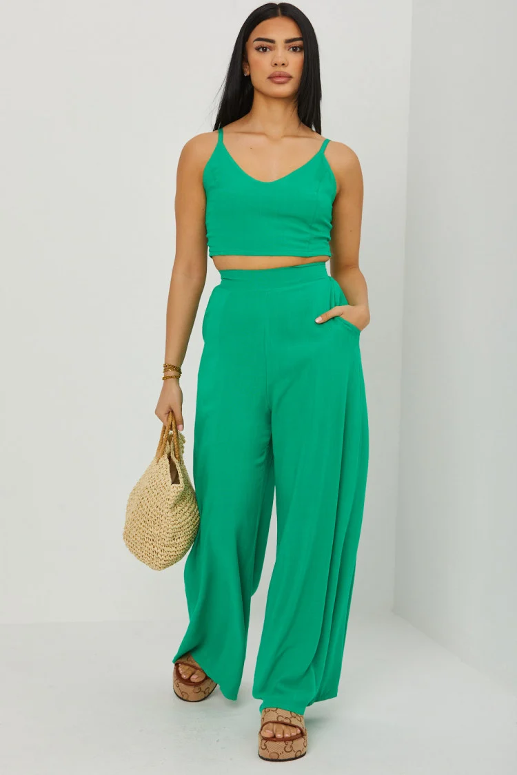 Ensemble effet lin 2 pièces crop top + pantalon vert