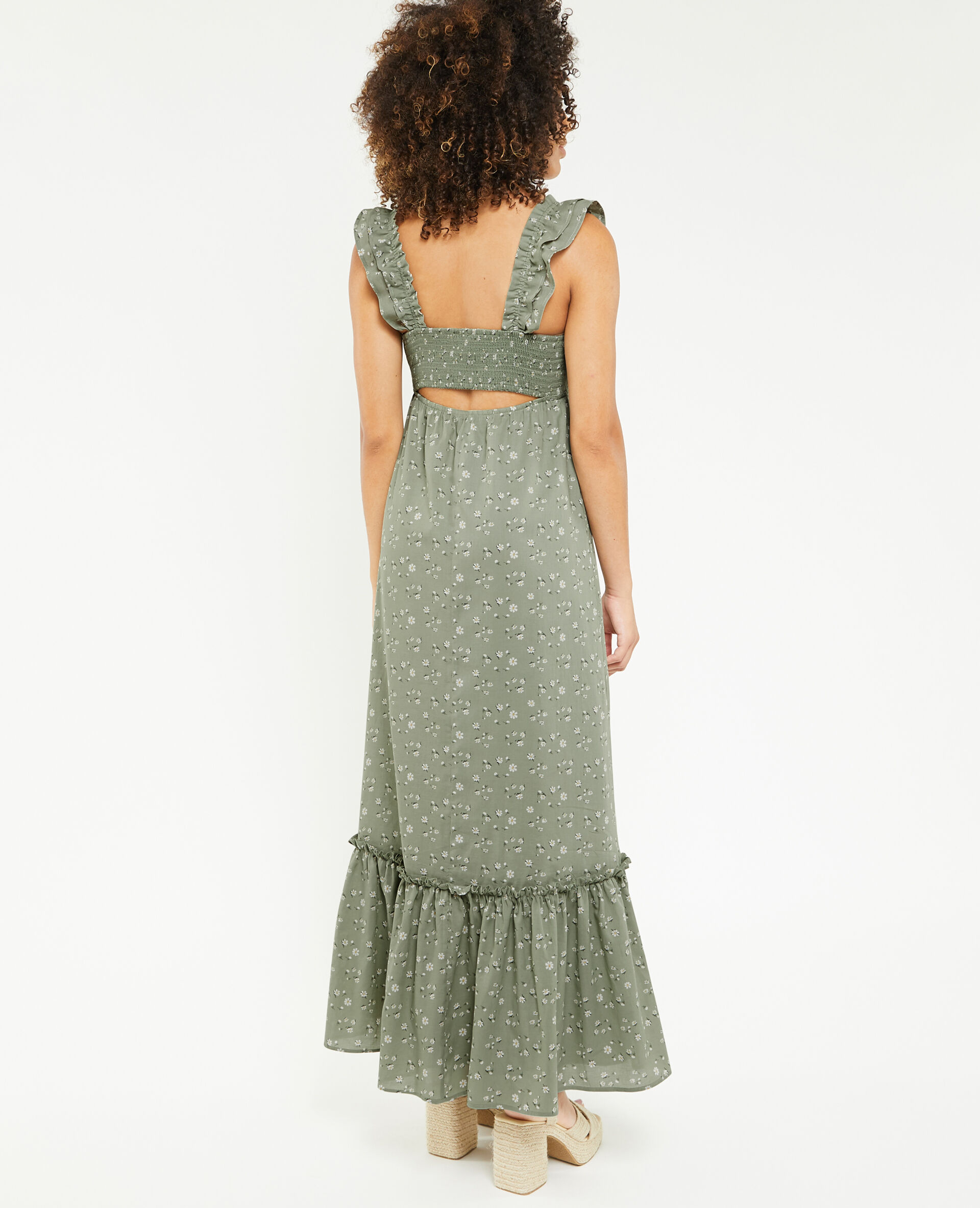 Robe longue motif fleurs avec volants - Vert kaki