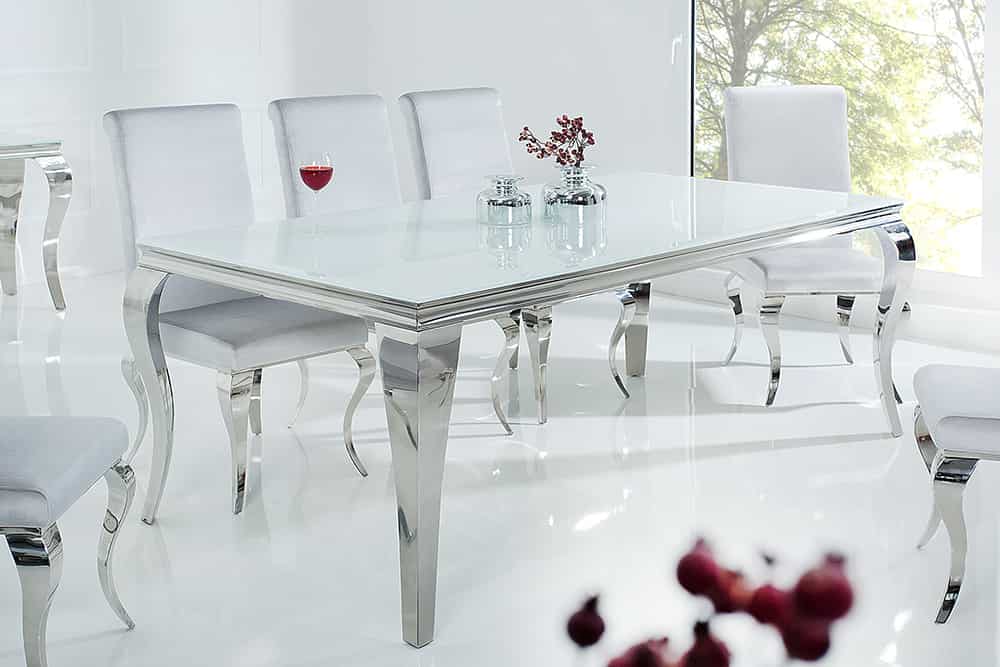 Eleganter Design Esstisch MODERN BAROCK 200cm weiß Edelstahl Opalglas Tischplatte