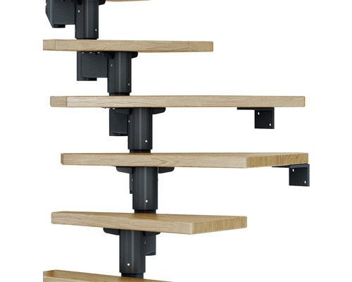Pertura Spiros middentrap, antraciet, kwartslag, links/rechts onder 75 cm, eikenhouten balustrade, 11 treden / 12 stootborden