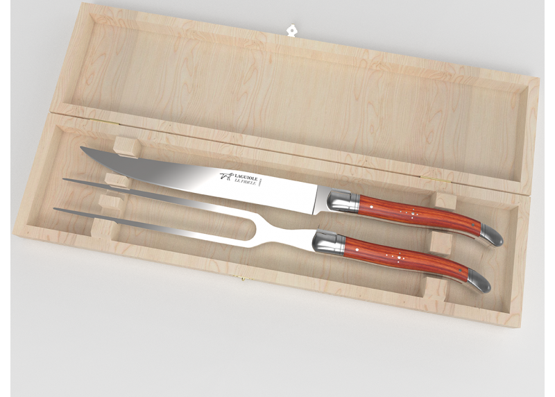 Service à viande Laguiole avec un manche en bois de rose et mitres en acier inoxydable