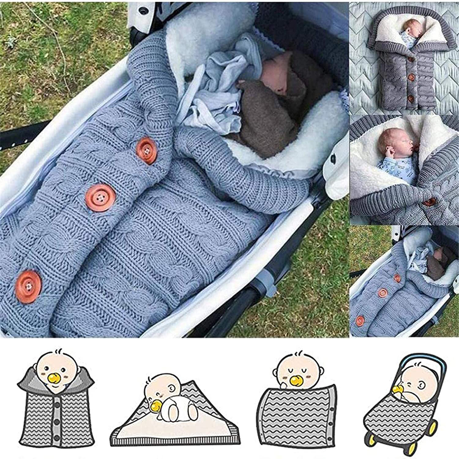 (68x38cm) Baby Strick Schlafsack Kuschel Winter Decke mit Fell für Kinderwagen - Schwarz