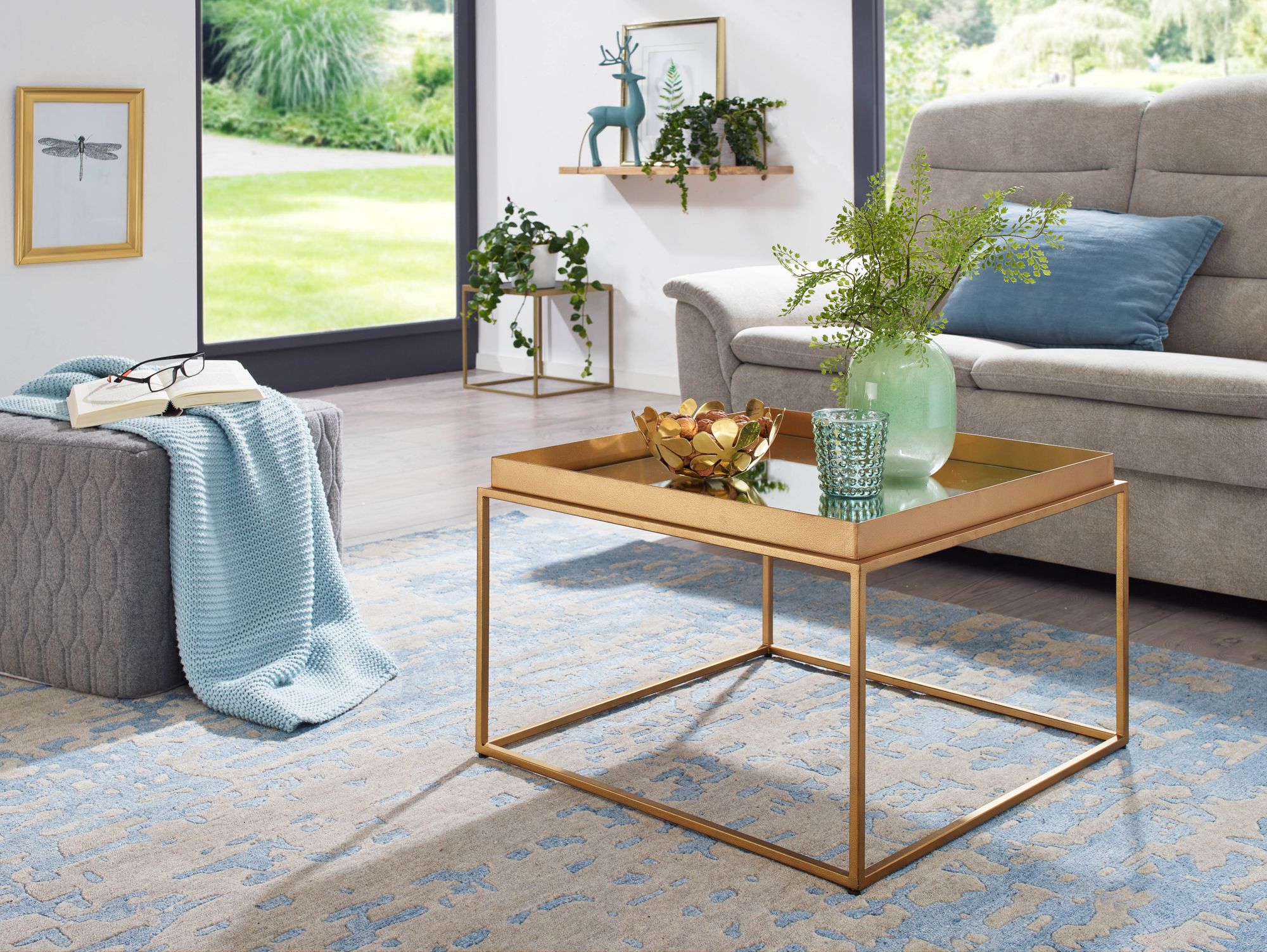 Couchtisch FineBuy Sofatisch Glas Spiegel 60x60x41cm Wohnzimmertisch Gold Tisch