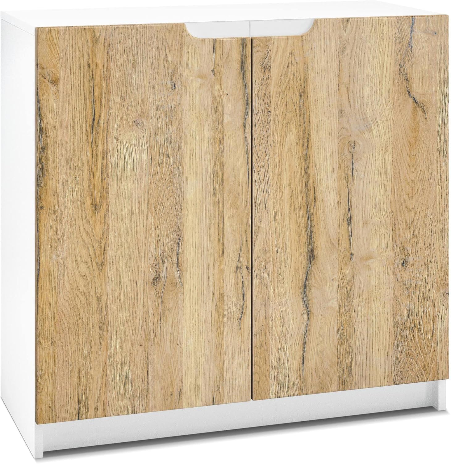 Vladon Sideboard Logan, Made in Germany, Kommode mit 2 Türen, Weiß matt/Eiche Natur (82 x 78 x 37 cm)
