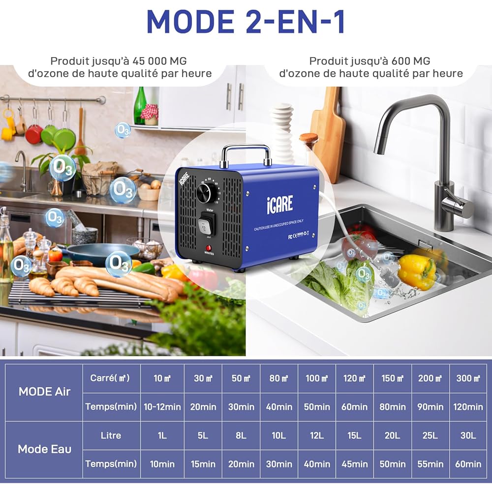 Générateur d'Ozone pour Eau et Air, 45000mg/h Purificateur d'Air à l'Ozone Éliminateur D'Odeurs avec Minuteur pour Salle de Bain, Cuisine, Animaux Domestiques, Voitures, Fumée, Eau, Fruits, Légumes : Cuisine et Maison
