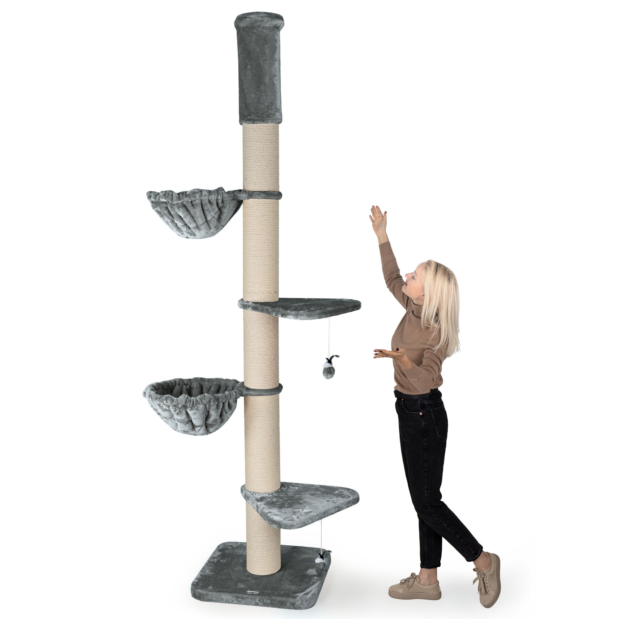 HAPPYPET Kratzbaum Grosse Katzen Stabil XXL Deckenhoch, 250 bis 275 cm | Grau Basic