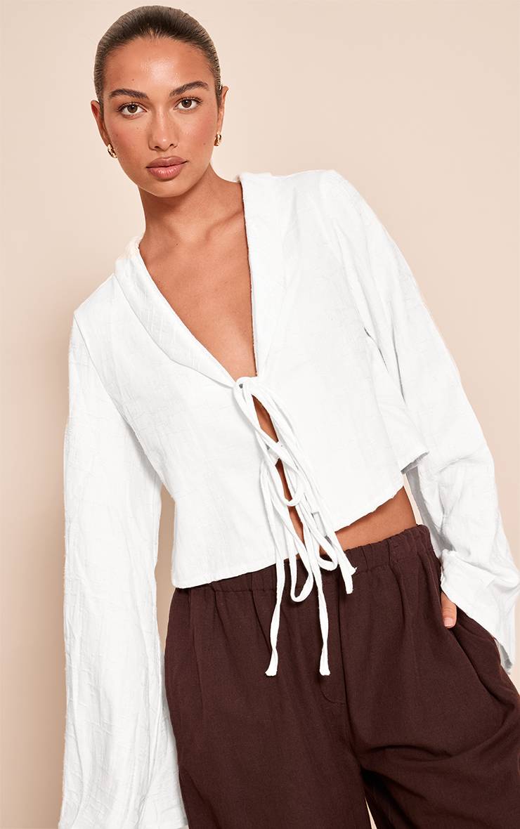 Blanc Chemise Texturée Légère En Tissu Tissé Avec Nœud Devant