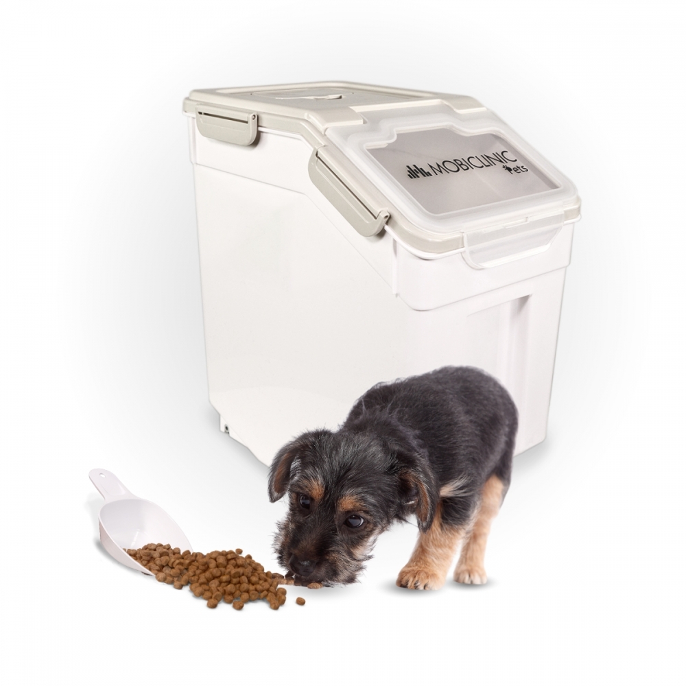 Recipiente para ração de animais de estimação | Branco | 20 litros | Vedação hermética | Com rodas | Inclui pá e copo medidor | FeedPet | Mobiclinic