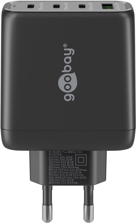 (68W/3A) USB A / 3x USB C GaN Ladegerät Netzteil Power Delivery / Quick Charge (64819) - Schwarz