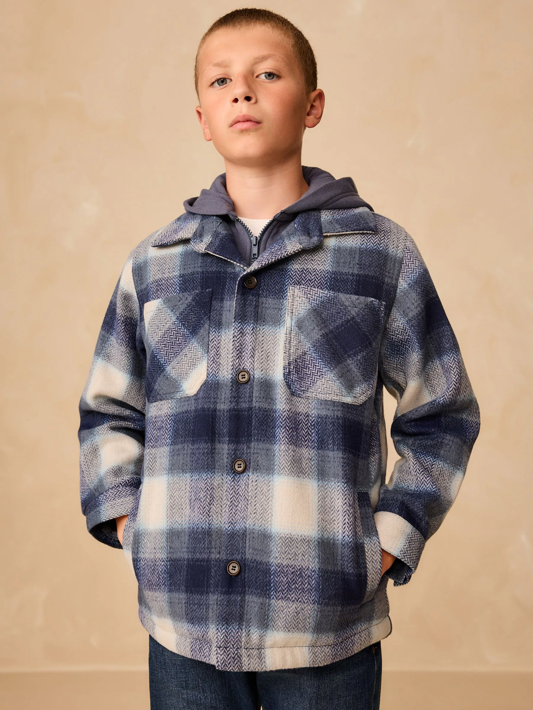 Donkerblauw - Borg gevoerde Ruit Overshirt Met capuchon (3-16jr)