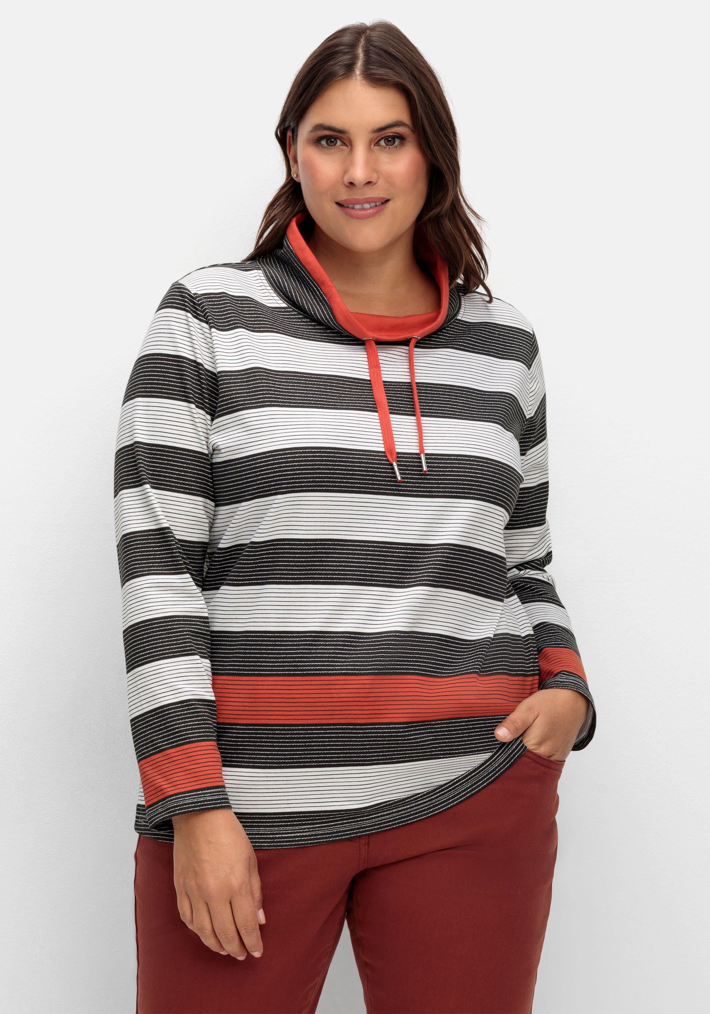 Stehkragenshirt mit Blockstreifen und Kontrastband