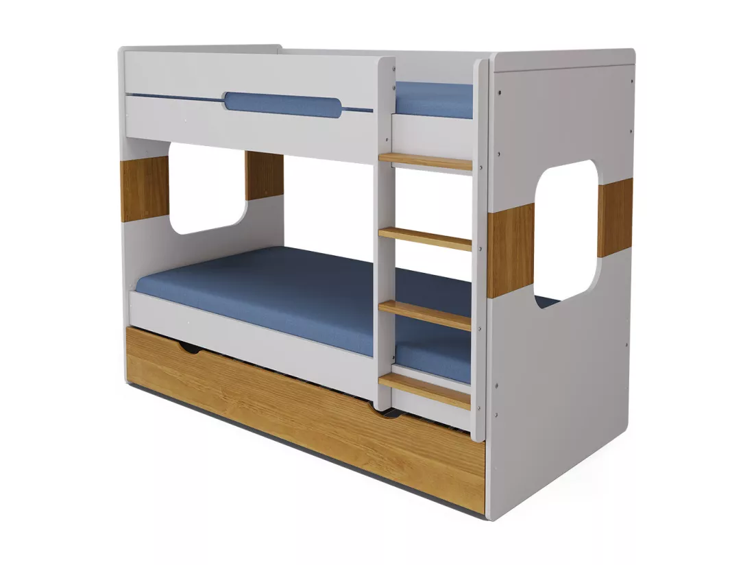 Pack lit superposé gigogne avec 2 matelas 90x190 cm panneaux de fibres blanc et noisette LEJI