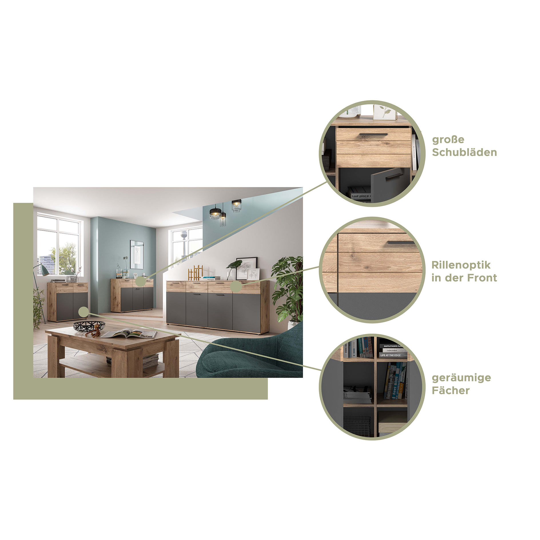Kommode MASON - Nox Oak - Basalt grau - 120 cm