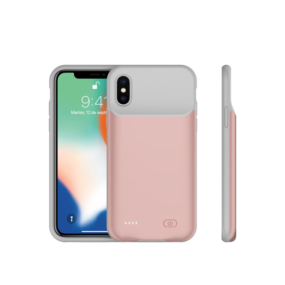 iPhone Xs / X Backpack Akku Case (5200mAh) Schutzhülle Qi Wireless - Roségold / Grau