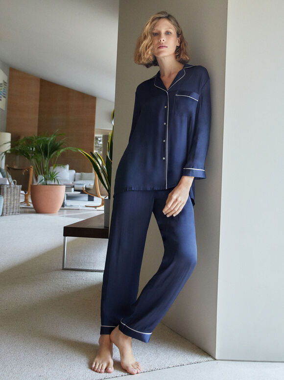 Conjunto de pijama personalizável com máscara para os olhos - Azul Marinho