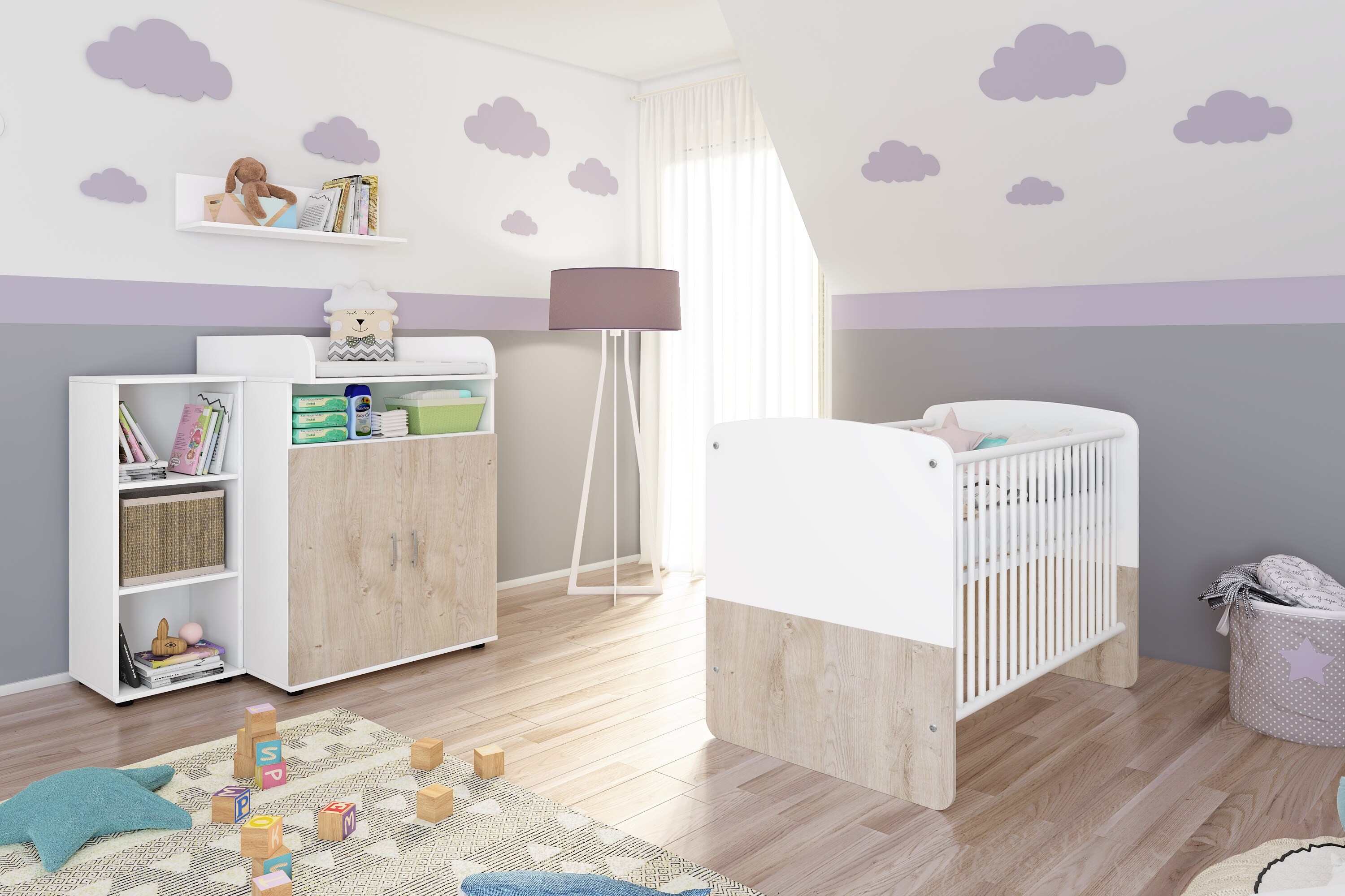 nonjoo. Babyzimmer Hanna Set 2: best. aus Babybett, Kommode, Wickelaufsatz, Wandboard und Regal mit 3 Fächern