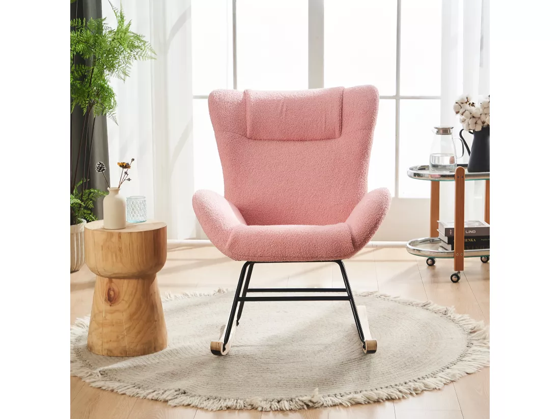 Chaise à Bascule En Tissu Teddy, Rose, Avec Accoudoirs Et Dossier Ergonomique