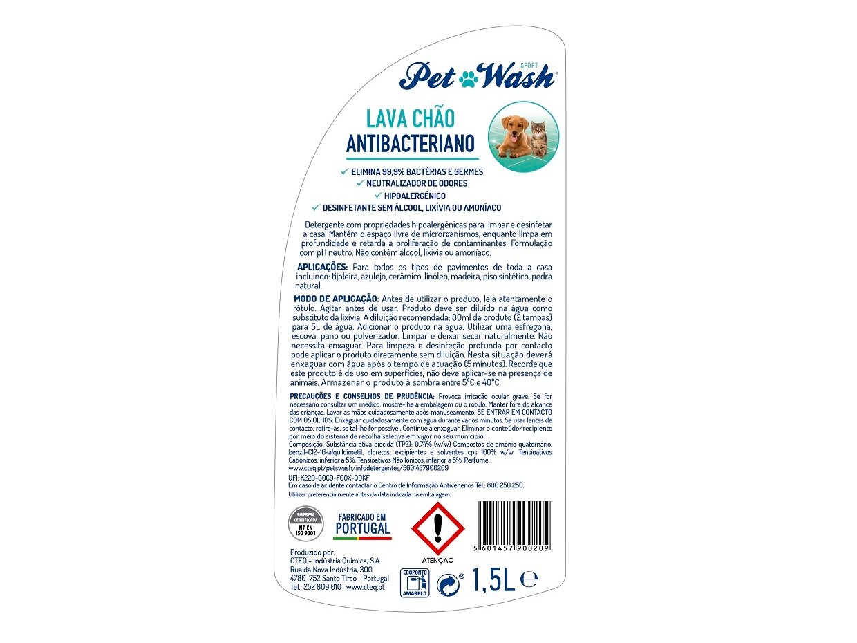 LAVA CHÃO ANTIBACTERIANO PET WASH P/CASAS COM ANIMAIS 1.5L