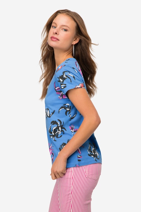 T-Shirt, Krabben Print, V-Ausschnitt, Halbarm