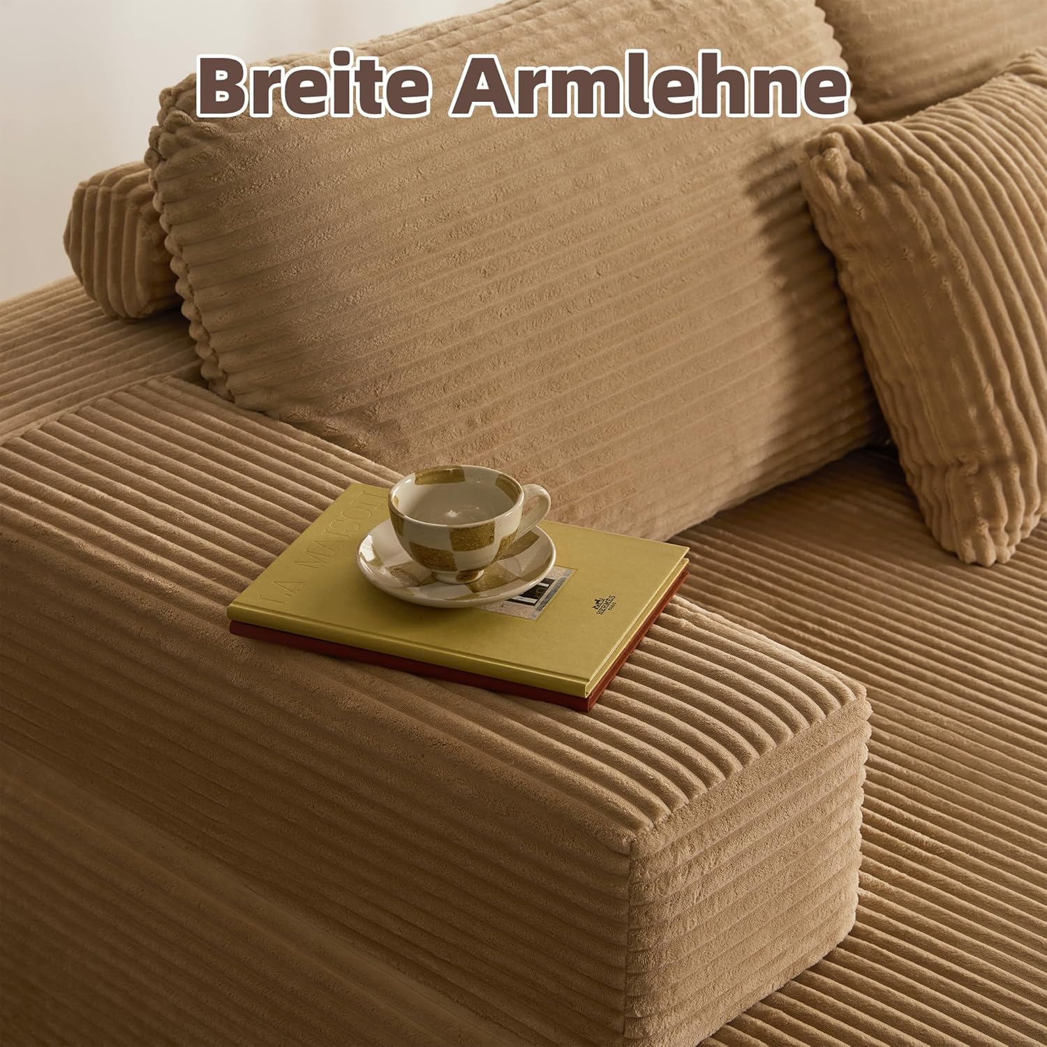 Modulares L-förmiges Ecksofa mit Schlaffunktion – rahmenloses Schlafsofa mit Chaiselongue Links, extra tiefer Sitzfläche, montagefrei, für Wohnzimmer,Hellbraun