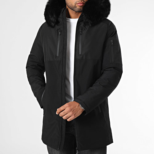 Parka Capuche Bimatière Avec Fourrure Noire 0076 Noir