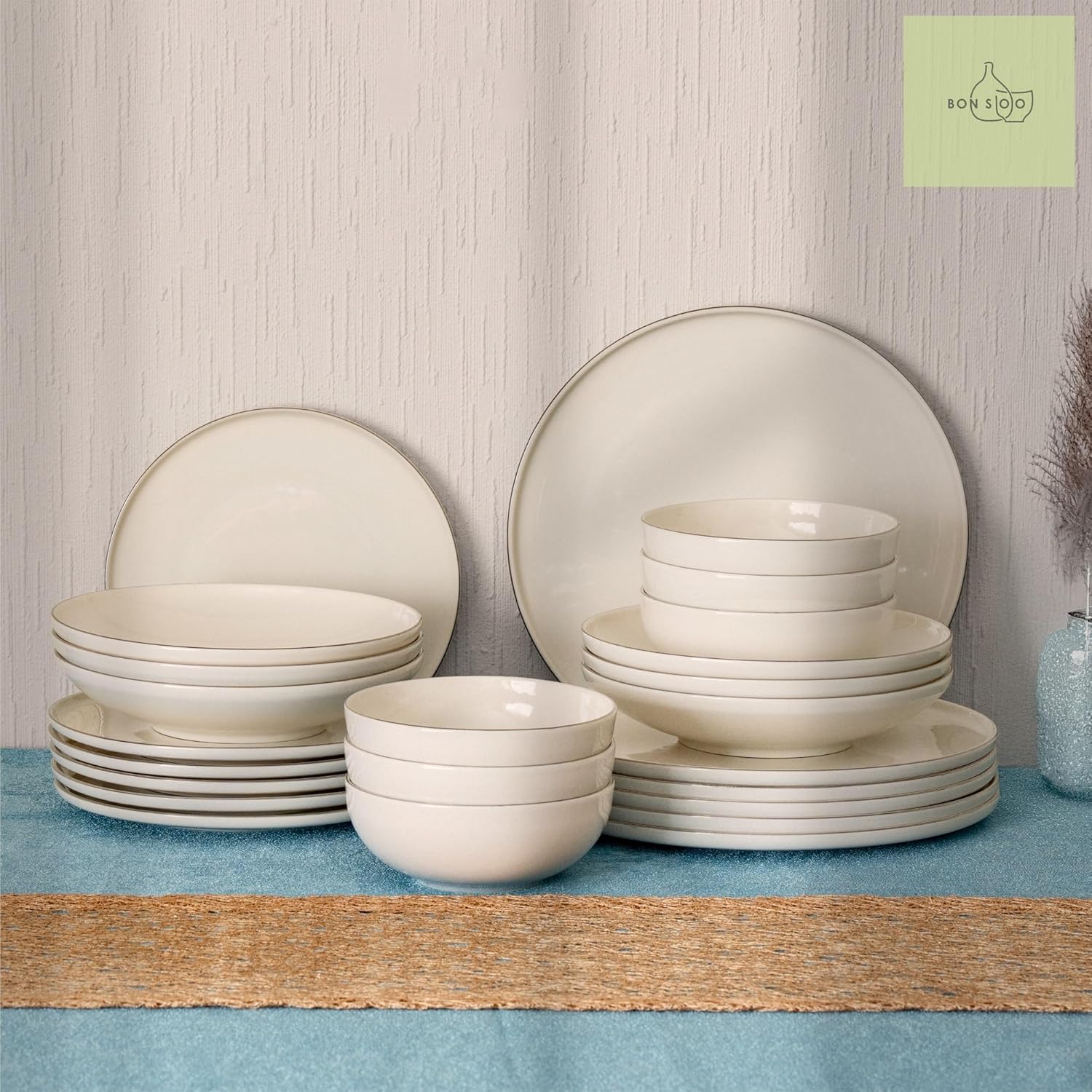 Premium Geschirrset 24-teilig aus edlem PORZELLAN für 6 Personen | 6x Große Essteller 27 cm, 6x tiefe Suppenteller, 6x Dessertteller und 6x Schüsseln | Cremeweiss mit Platinring