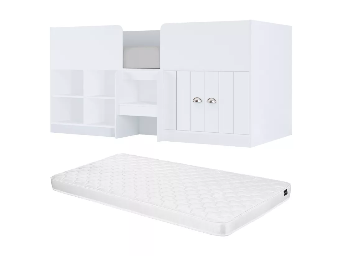 Lit mi-hauteur 90 x 190 cm avec rangements - Coloris : Blanc + Matelas - BOUTANIO