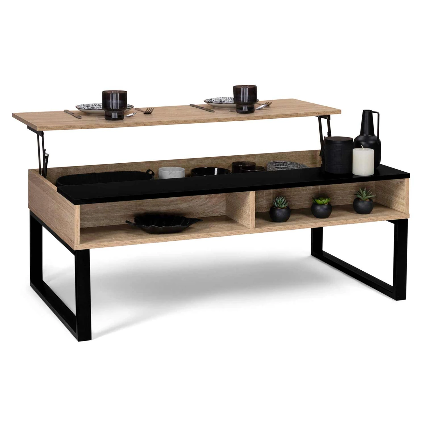 Table basse plateau relevable rectangulaire JERSEY bande noire avec rangements design industriel