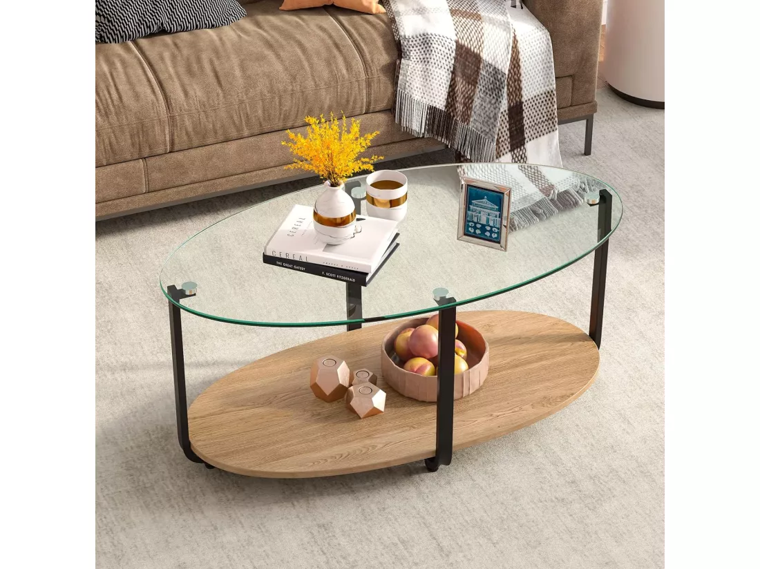 Table Basse en Verre Trempé, Table Basse Salon Ronde 2 Niveaux, Cadre en Métal, Table de Salon pour Maison, Bureau, 95 x 50 x 44cm