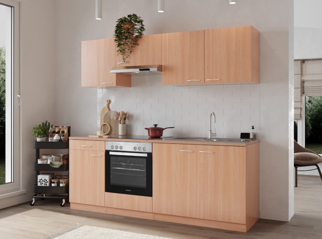 RESPEKTA Küchenblock GERDA - Buche - mit E-Geräten - Glaskeramikkochfeld - 210 cm