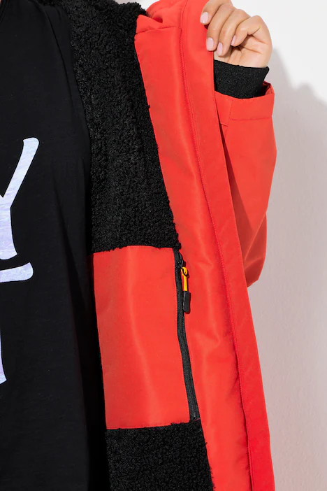 Funktionsmantel, oversized, Teddyfutter, Kapuze, 2-Wege-Zipper, paprika