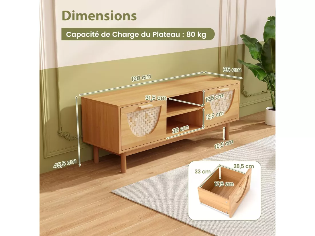 Meuble tv en bois, 2 tiroirs, 2 etagères, 2 passe-câbles, 55