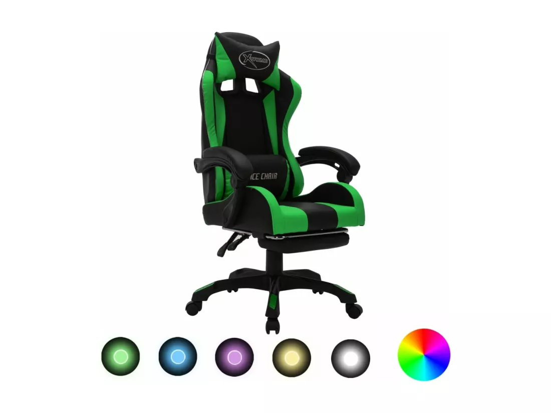 Fauteuil de jeux vidéo avec LED RVB Vert et noir Similicuir