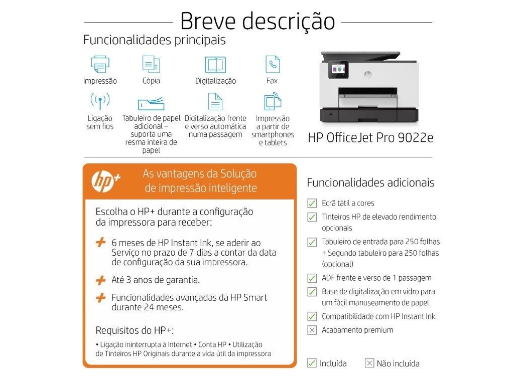 IMPRESSORA HP OFFICEJETPRO 9022E MULTIFUNÇÕES - ELEGÍVEL PARA O HP INSTANT INK